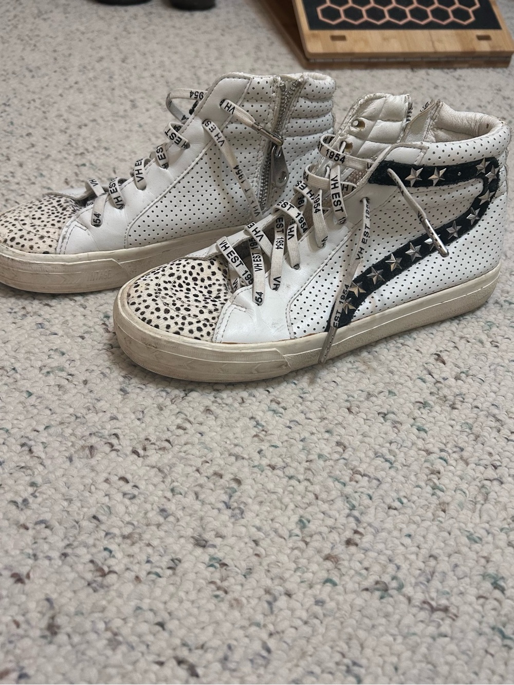Vintage Havana High-Top Perforated Leather Sneakers with Star Accent - White